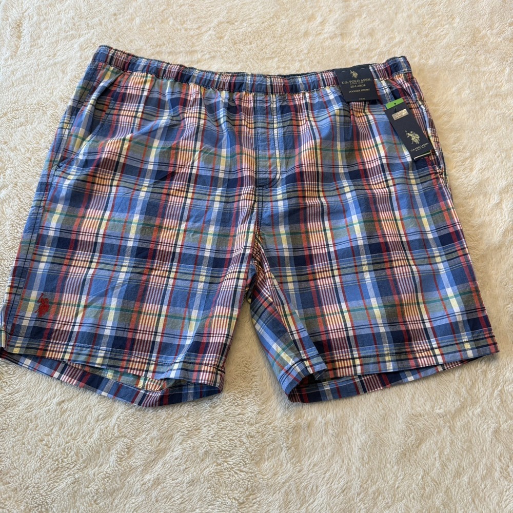 NWT U.S. Polo Assn. Men 2XL Jogger Shorts Red White Blue Plaid Drawstring Preppy